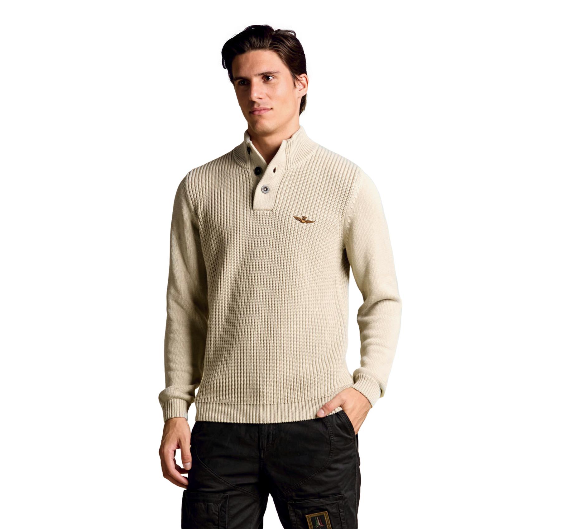 AERONAUTICA MILITARE Maglia Uomo Collo Alto Con Bottoni In Cotone MA1572UL00409 Colore Beige Chiaro