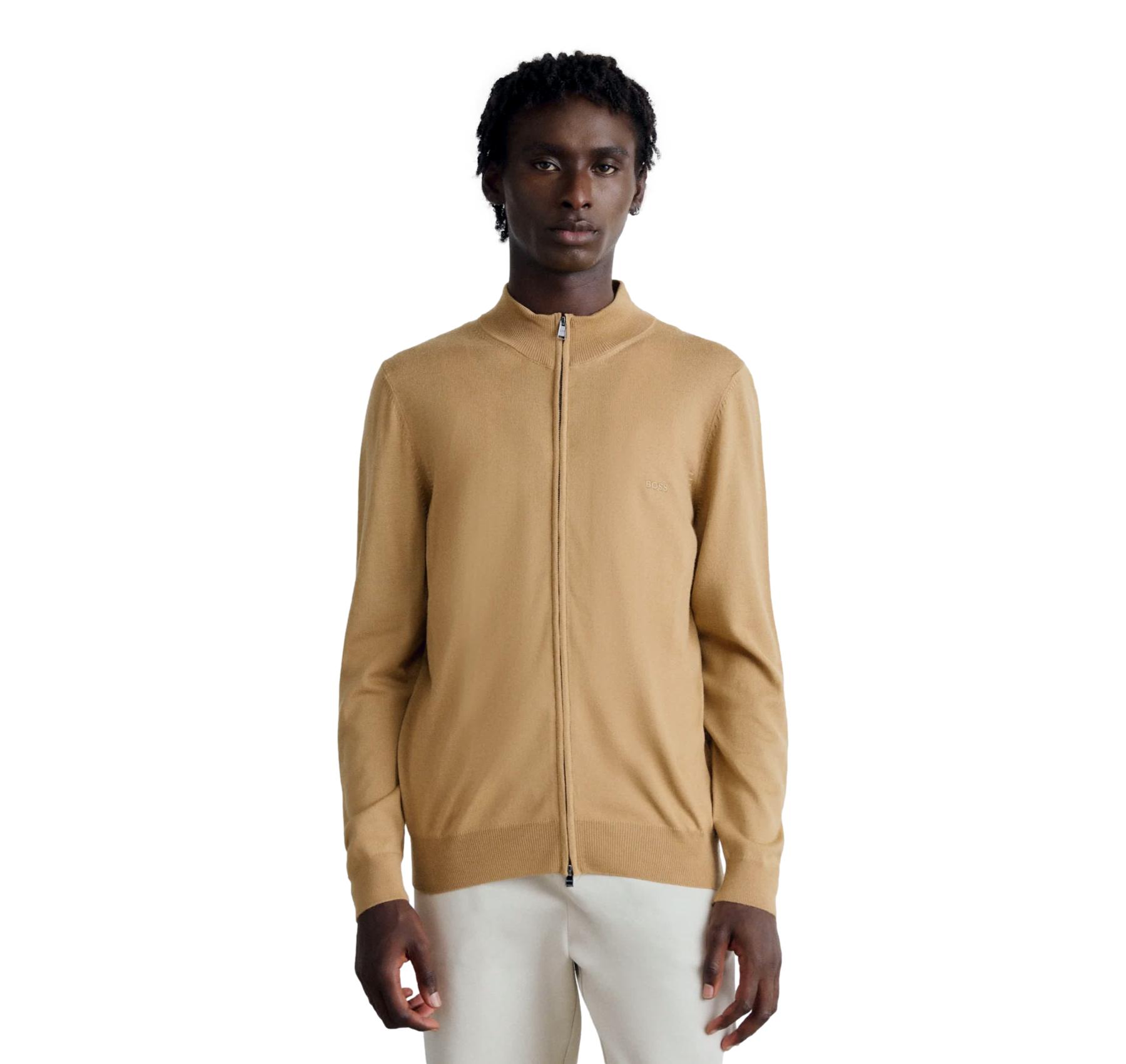 BOSS Cardigan Uomo In Lana Vergine Con Zip E Logo Ricamato Balonso L 50476347 Colore Beige Scuro