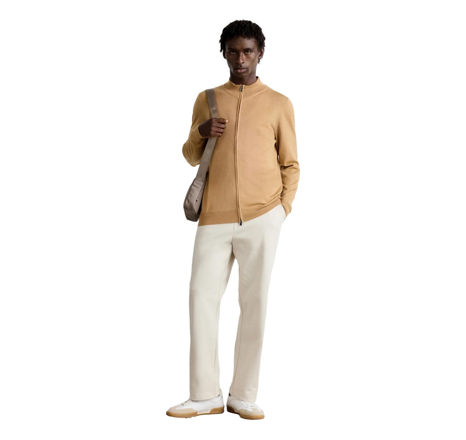 BOSS Cardigan Uomo In Lana Vergine Con Zip E Logo Ricamato Balonso L 50476347 Colore Beige Scuro