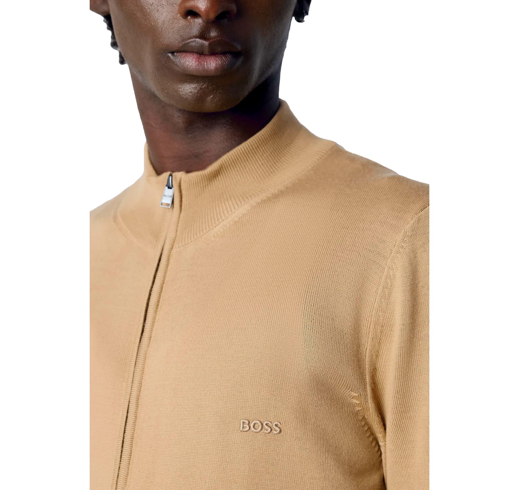 BOSS Cardigan Uomo In Lana Vergine Con Zip E Logo Ricamato Balonso L 50476347 Colore Beige Scuro