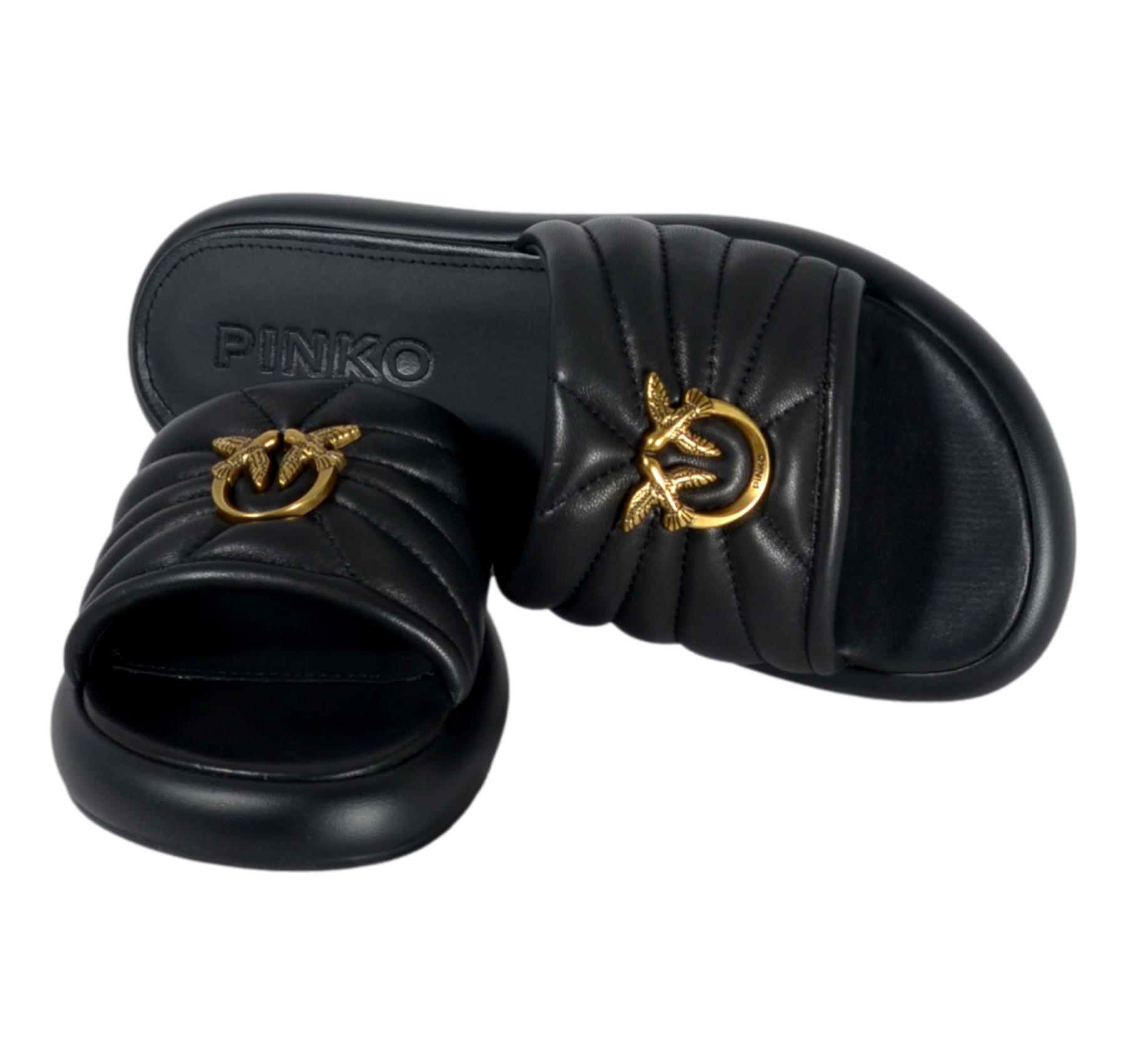 Pinko Ciabatte Donna in Pelle Love Birds SD0525 Fiona 03 Fascia Imbottita Colore Nero Z99