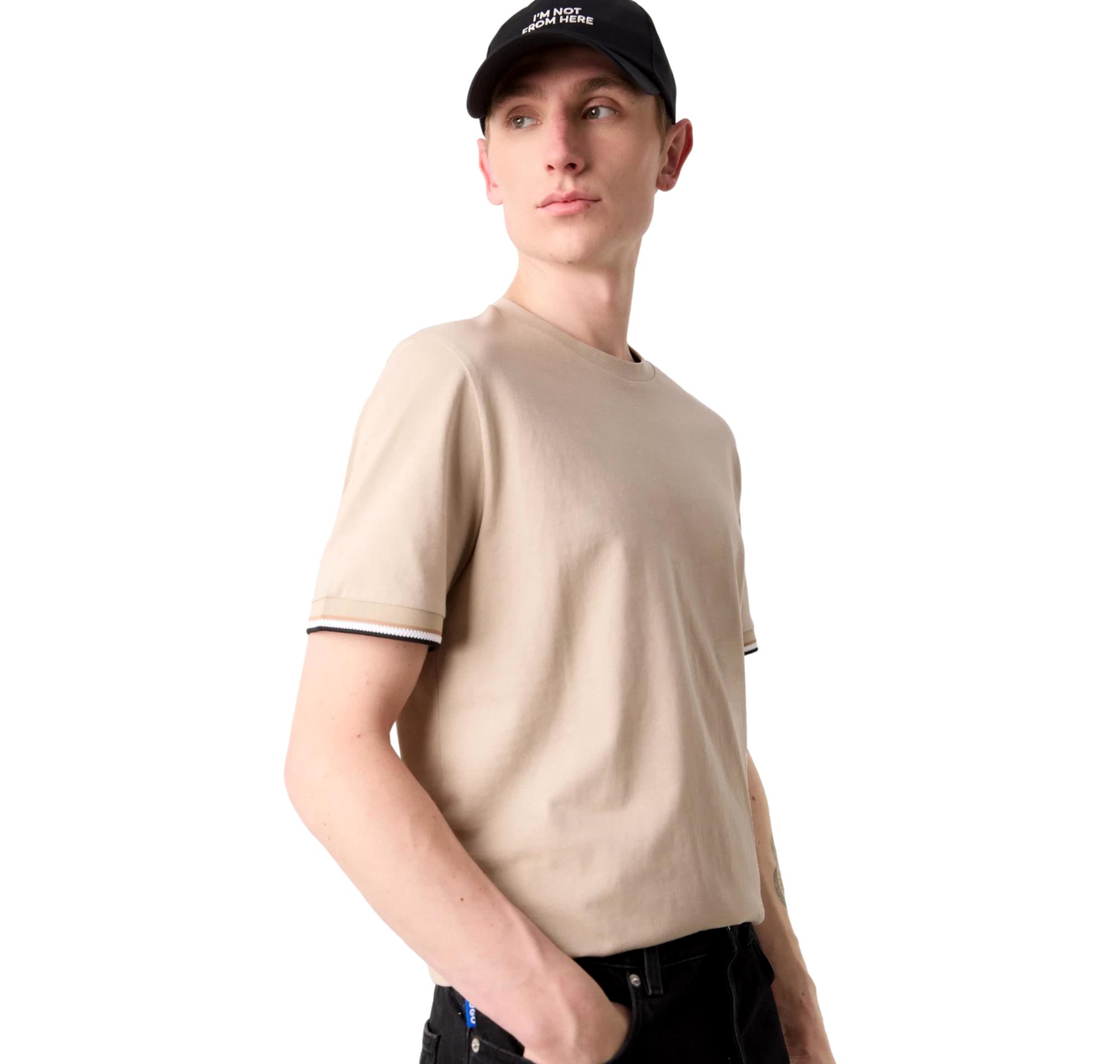 BOSS T Shirt Uomo In Jersey Di Cotone Con Righe Sul Fondo Manica Thompson 04 50501097 Colore Beige 286