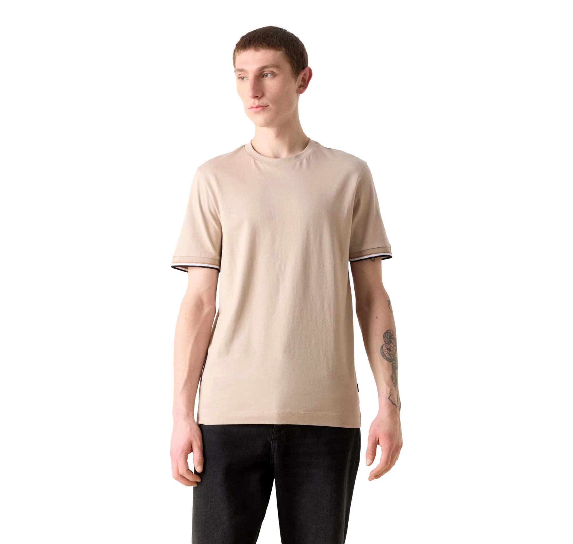 BOSS T Shirt Uomo In Jersey Di Cotone Con Righe Sul Fondo Manica Thompson 04 50501097 Colore Beige 286