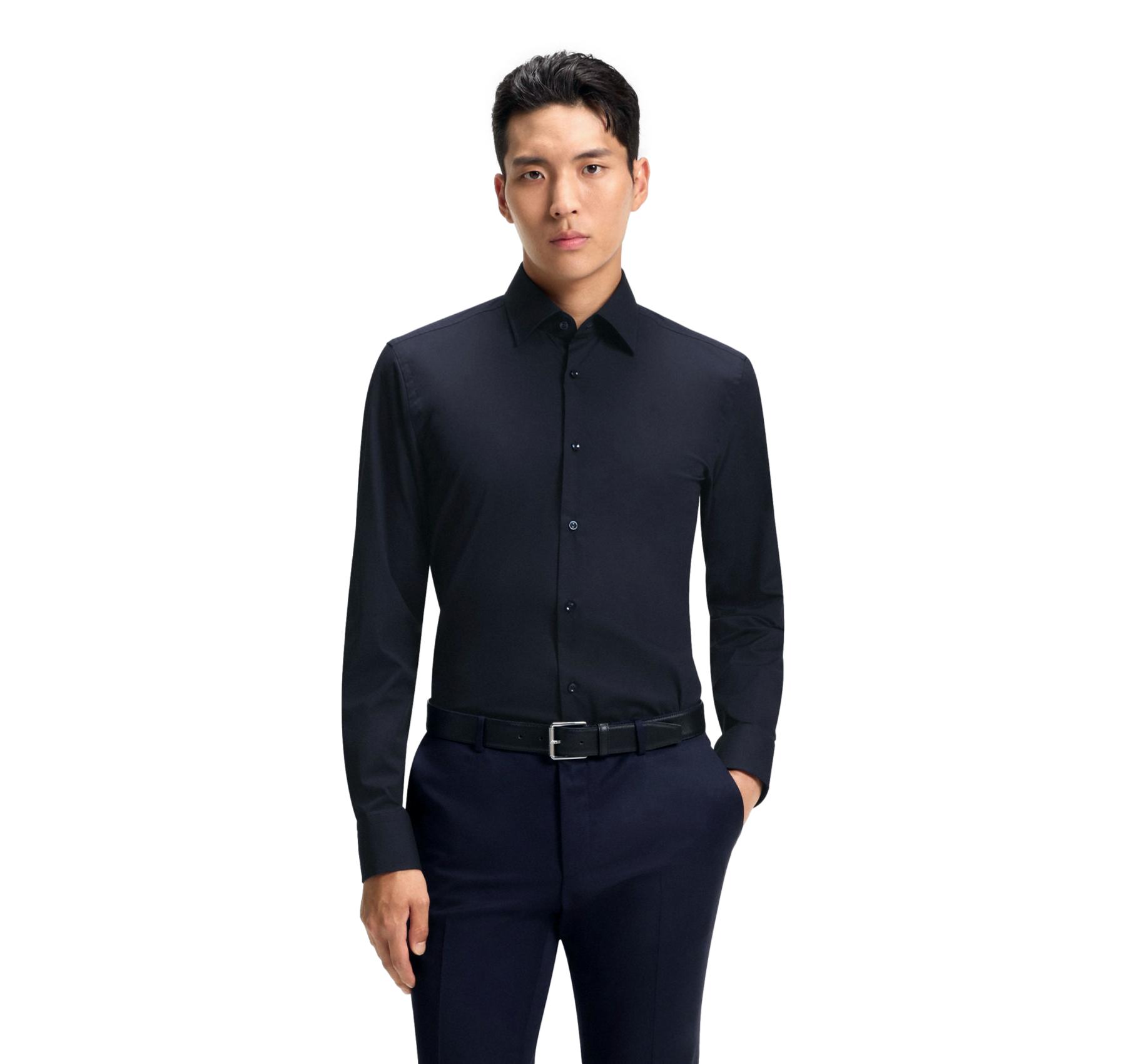 BOSS Camicia Uomo Slim Fit Blu Scuro Popeline Stretch H-HANK-Kent-C1-214 50469345