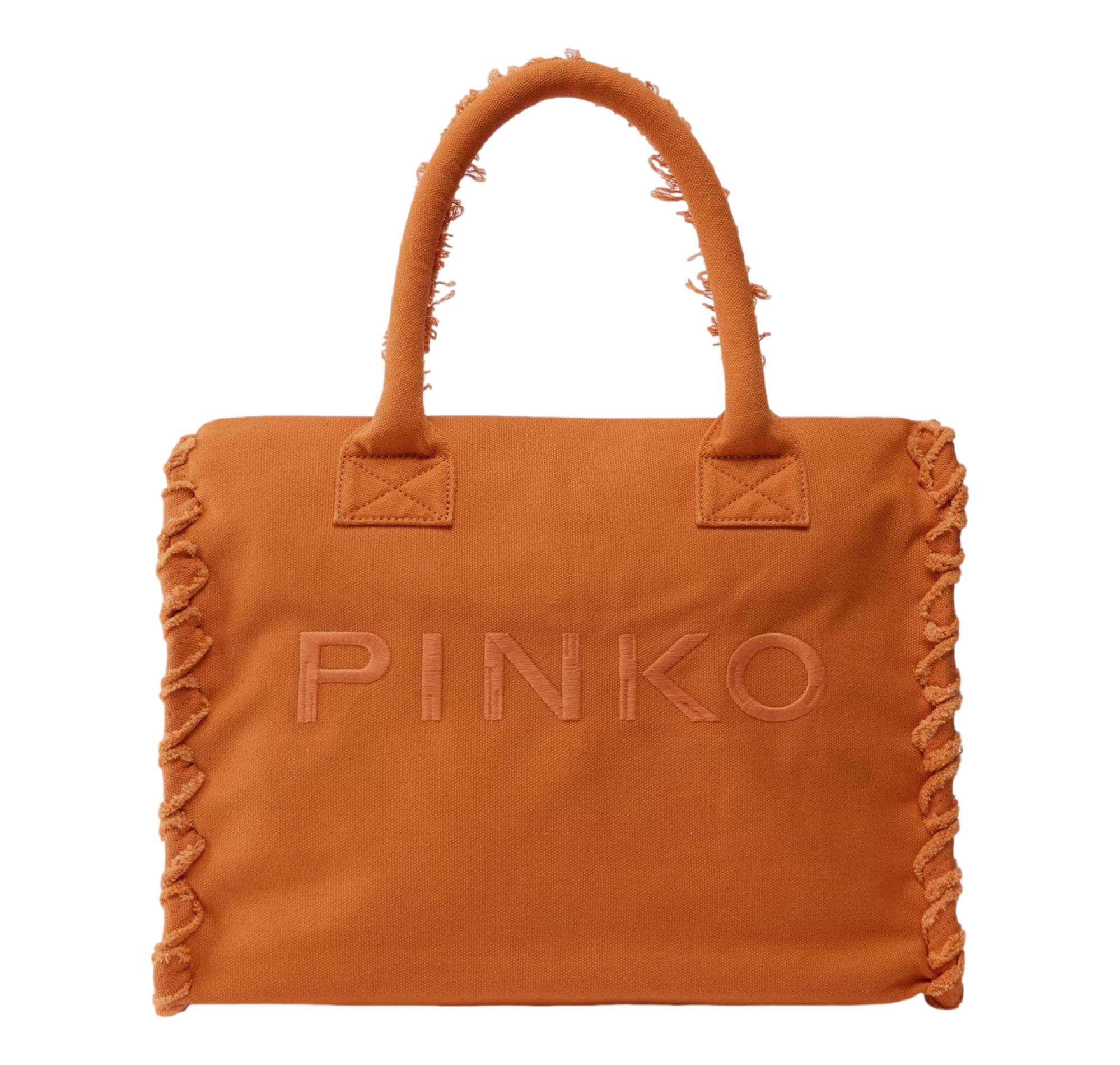 PINKO Borsa Donna Shopper Media Beach In Canvas Con Logo Dettagli Sfrangiati 106673 Colore Arancio A76