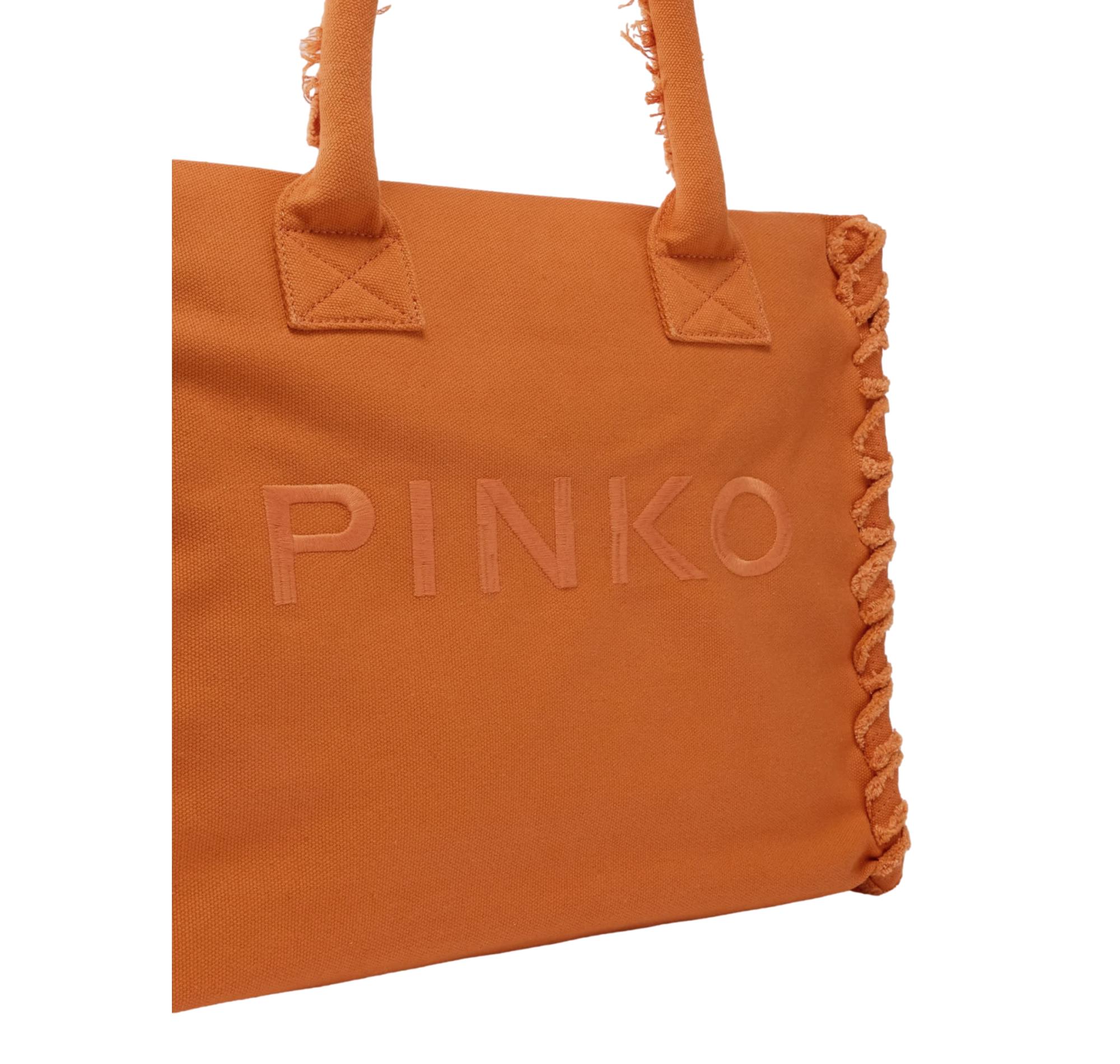 PINKO Borsa Donna Shopper Media Beach In Canvas Con Logo Dettagli Sfrangiati 106673 Colore Arancio A76
