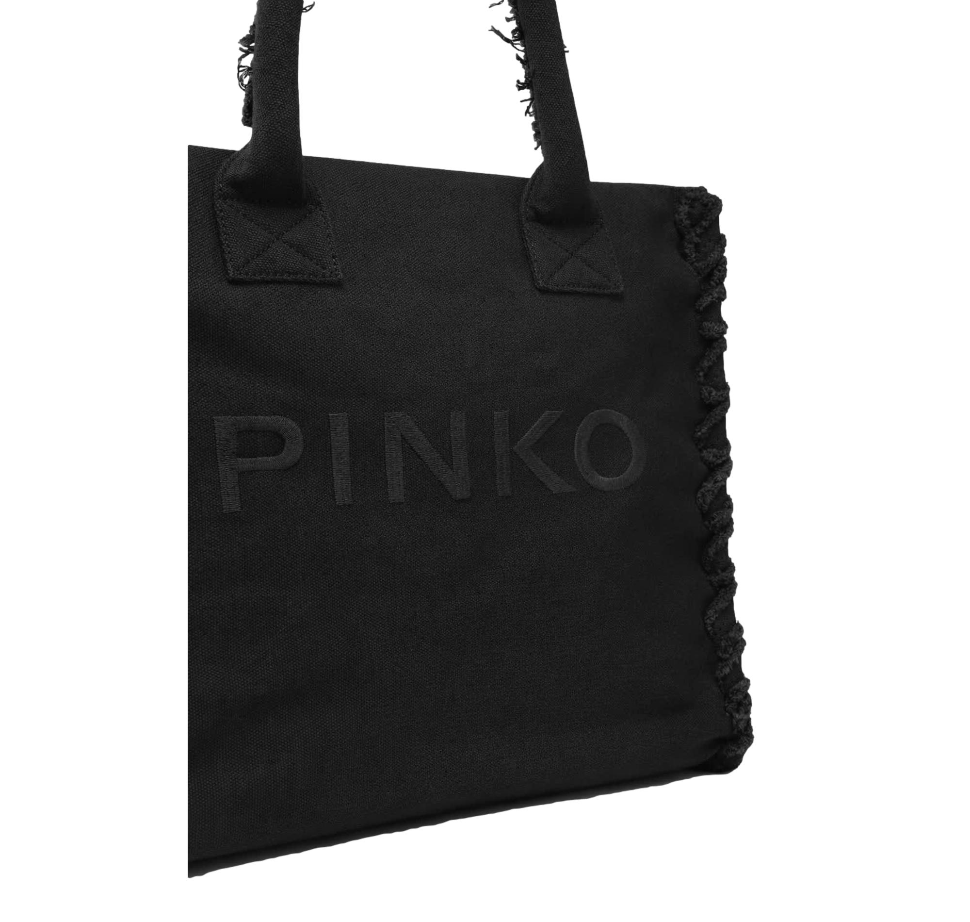PINKO Borsa Donna Shopper Media Beach In Canvas Con Logo Dettagli Sfrangiati 106673 Colore Nero Z99