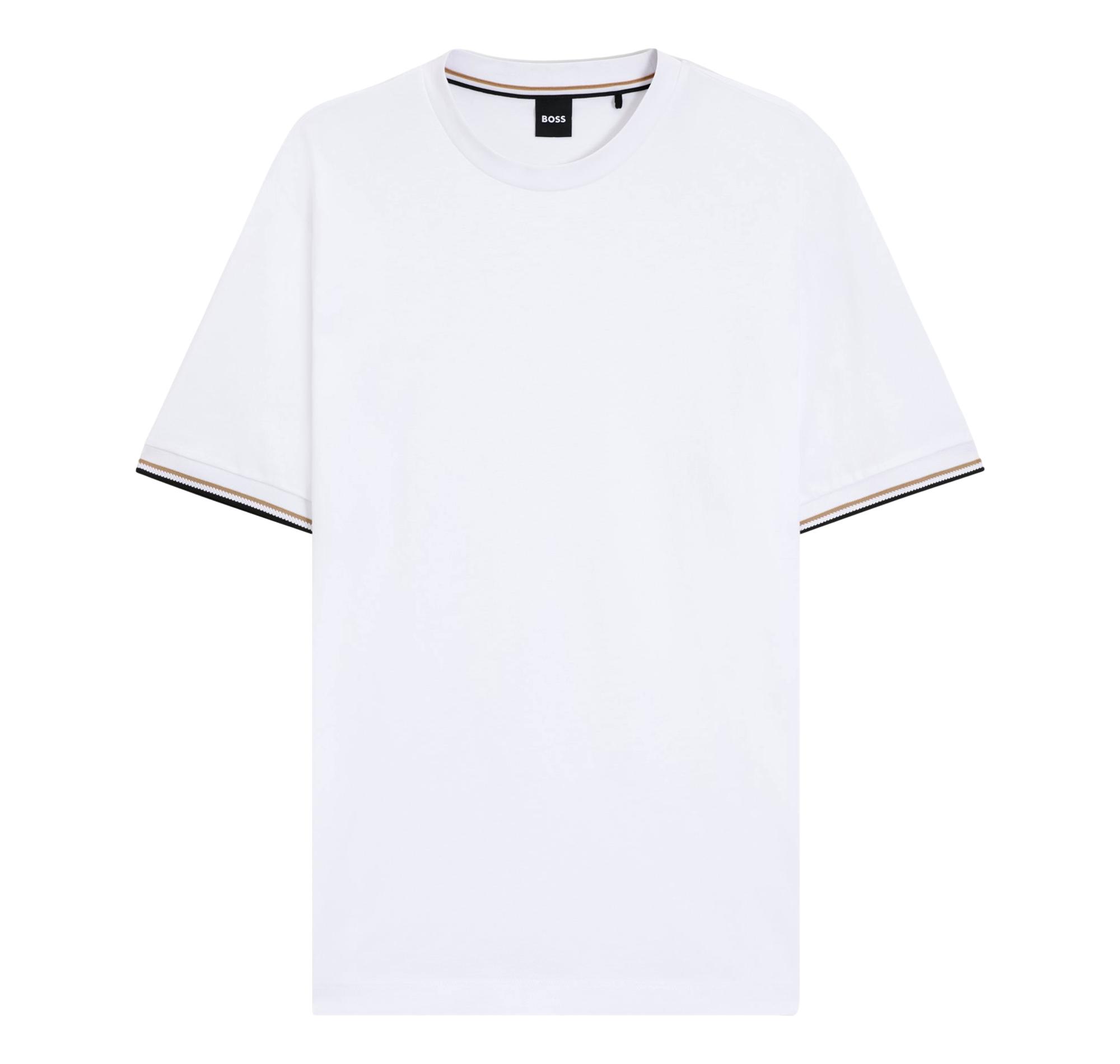 BOSS T Shirt Uomo In Jersey Di Cotone Con Righe Sul Fondo Manica Thompson 04 50501097 Colore Bianco