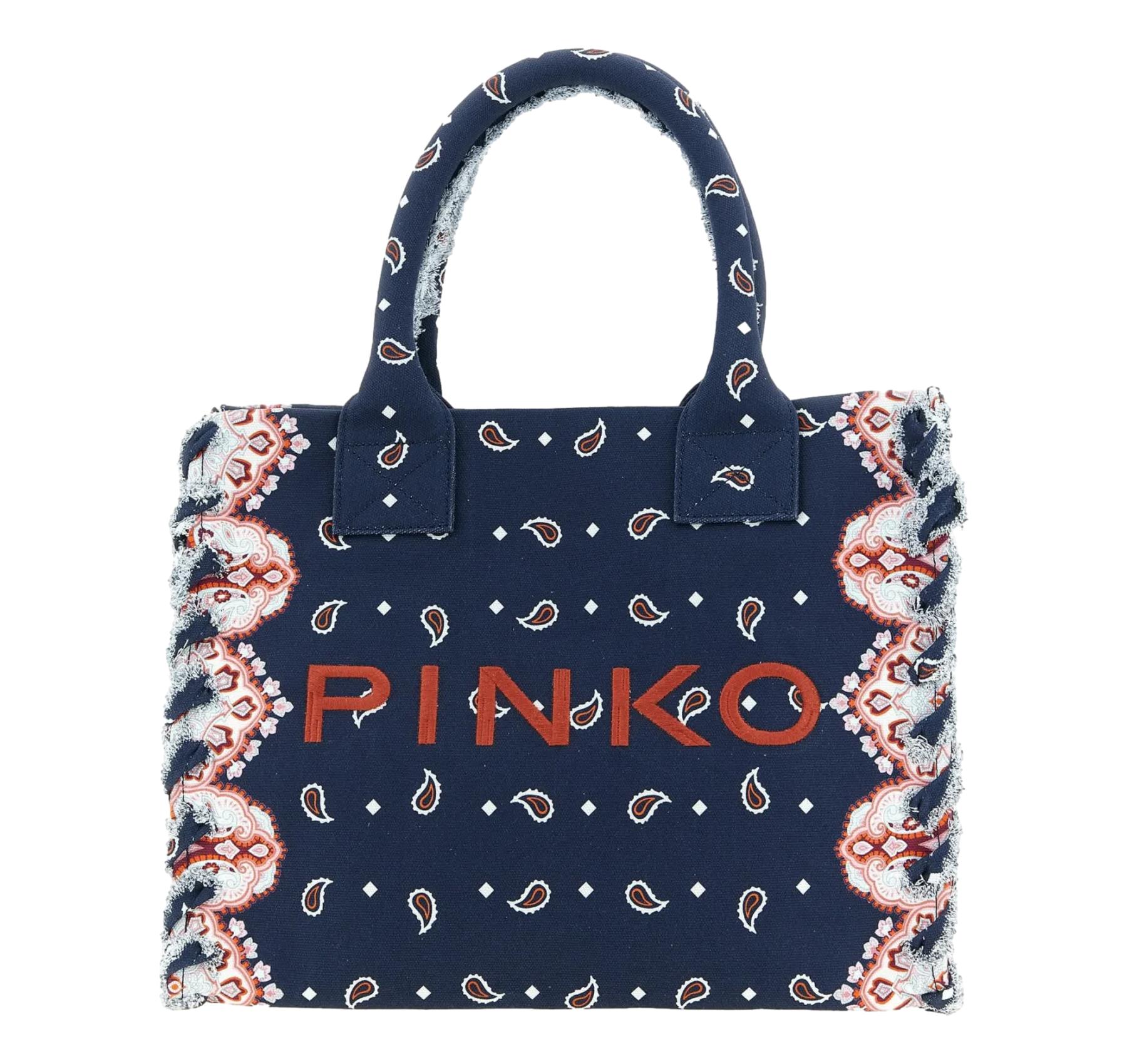 PINKO Borsa Donna Shopper Media Beach In Canvas Con Logo Dettagli Sfrangiati e Stampa Bandana 106673 Colore Blu GA0Q