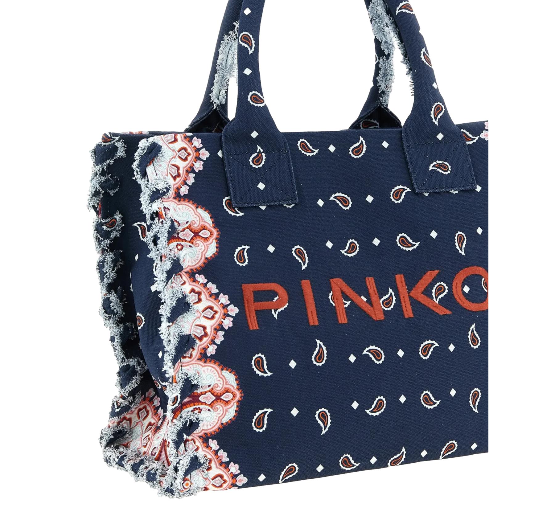 PINKO Borsa Donna Shopper Media Beach In Canvas Con Logo Dettagli Sfrangiati e Stampa Bandana 106673 Colore Blu GA0Q