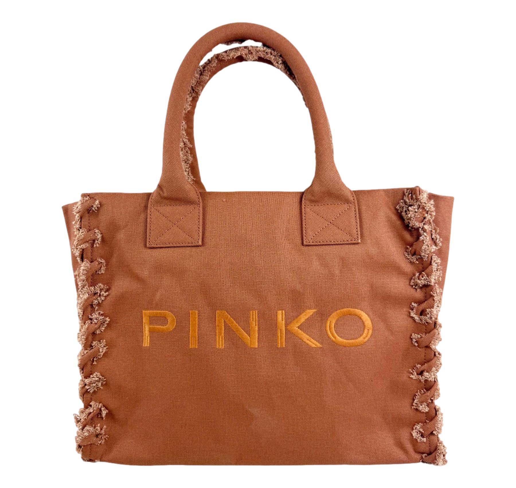 PINKO Borsa Donna Shopper Media Beach In Canvas Con Logo Dettagli Sfrangiati 106673 Colore Terracotta L08