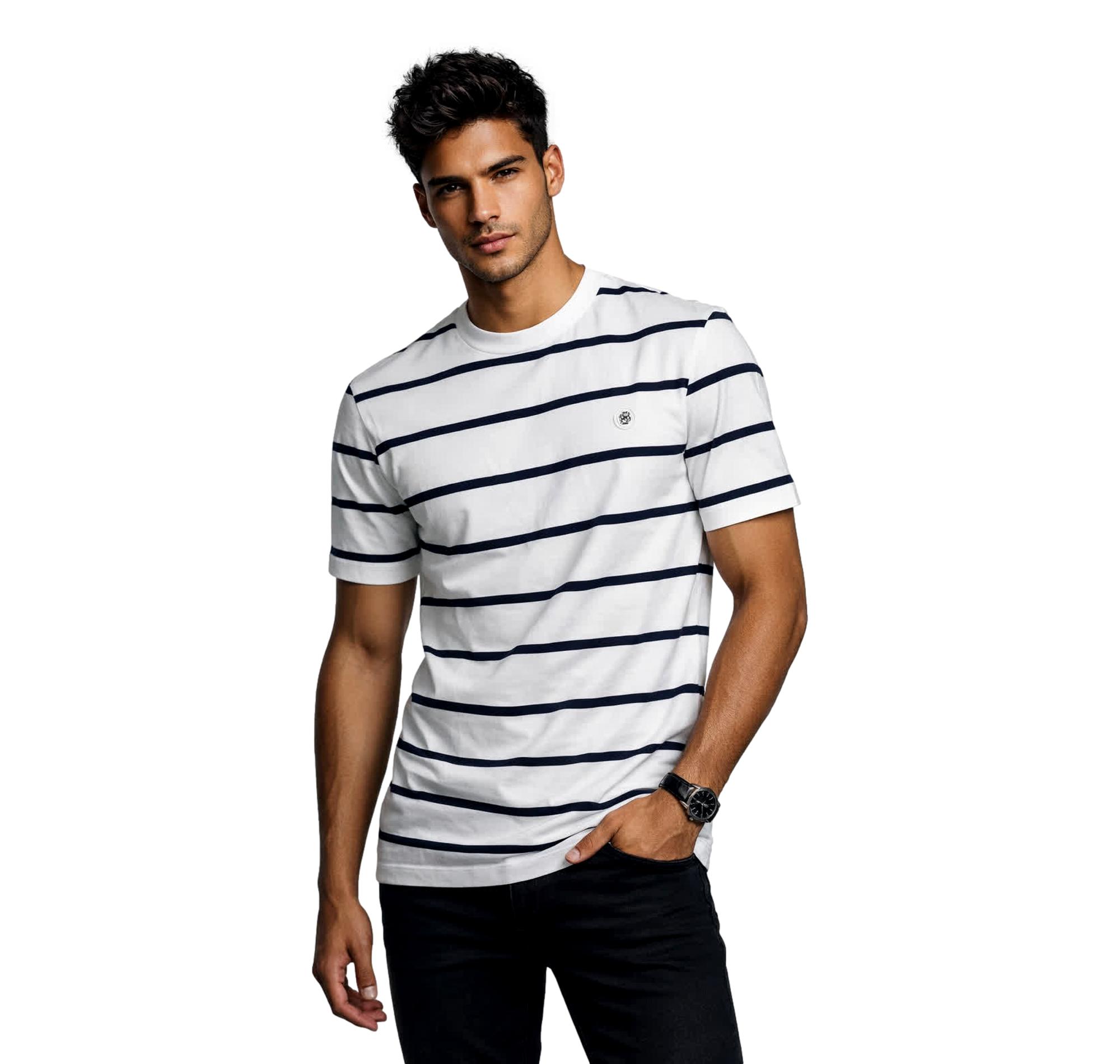 BOSS T Shirt Uomo In Cotone Mercerizzato Con Monogramma Double B C Taut 01 50555844 Colore Bianco a Righe Nere