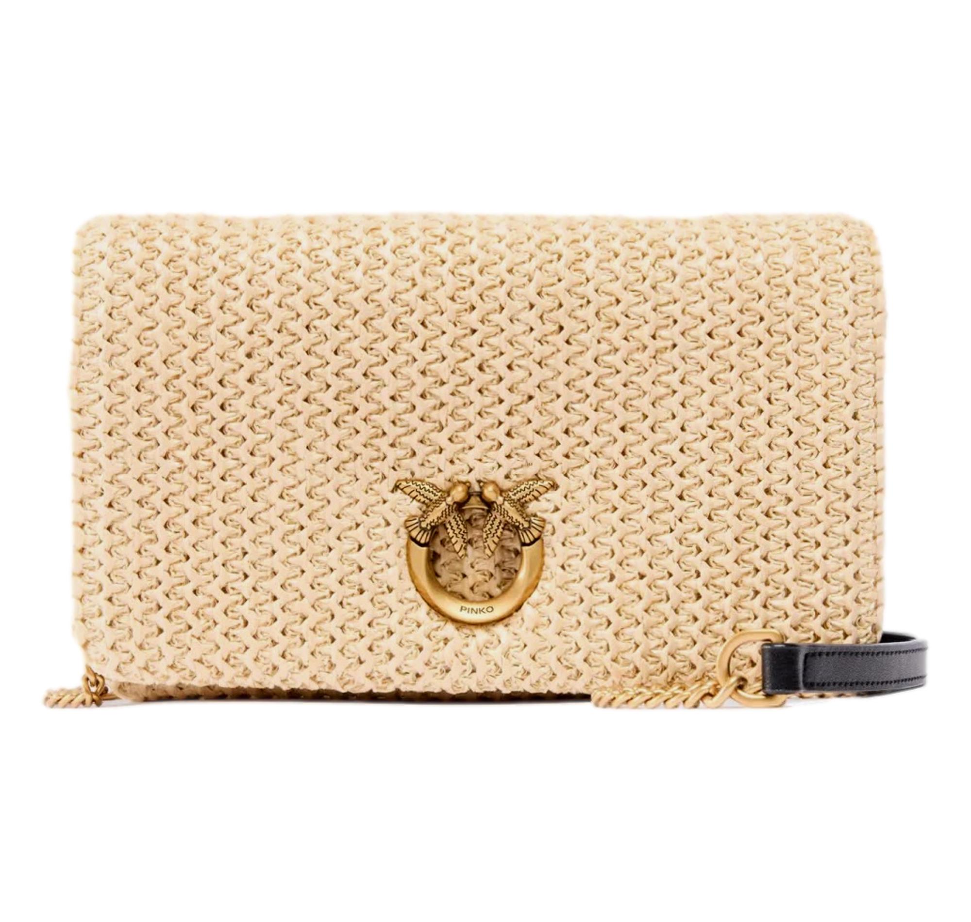 PINKO Pochette Donna a Tracolla Click Soft Horizontal Mini Rafia e Pelle 106023 Colore Beige C24Q