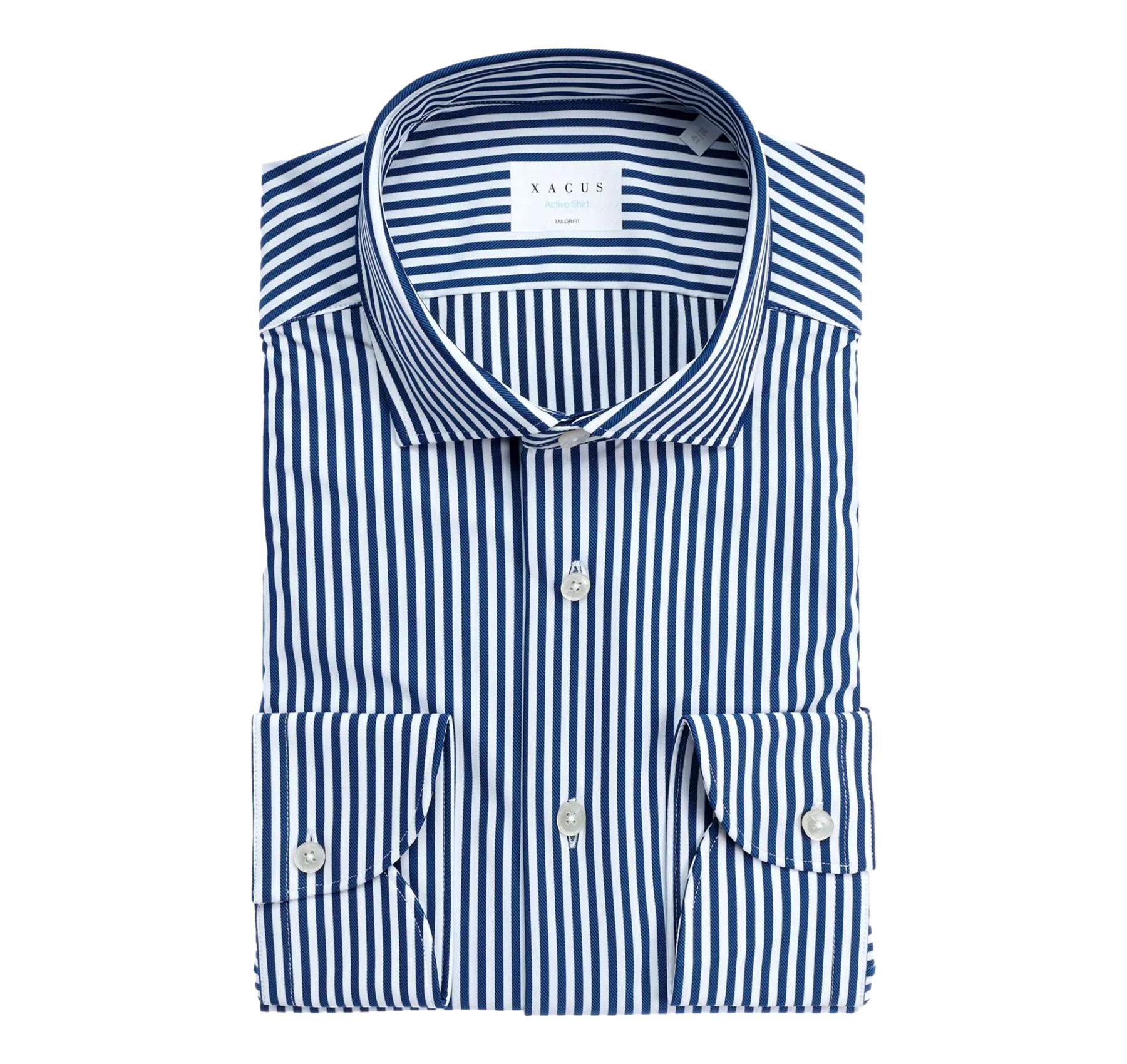 XACUS Camicia Uomo Tailor Fit Blu Righe No Stiro Stretch Traspirante Active Performance 21606004