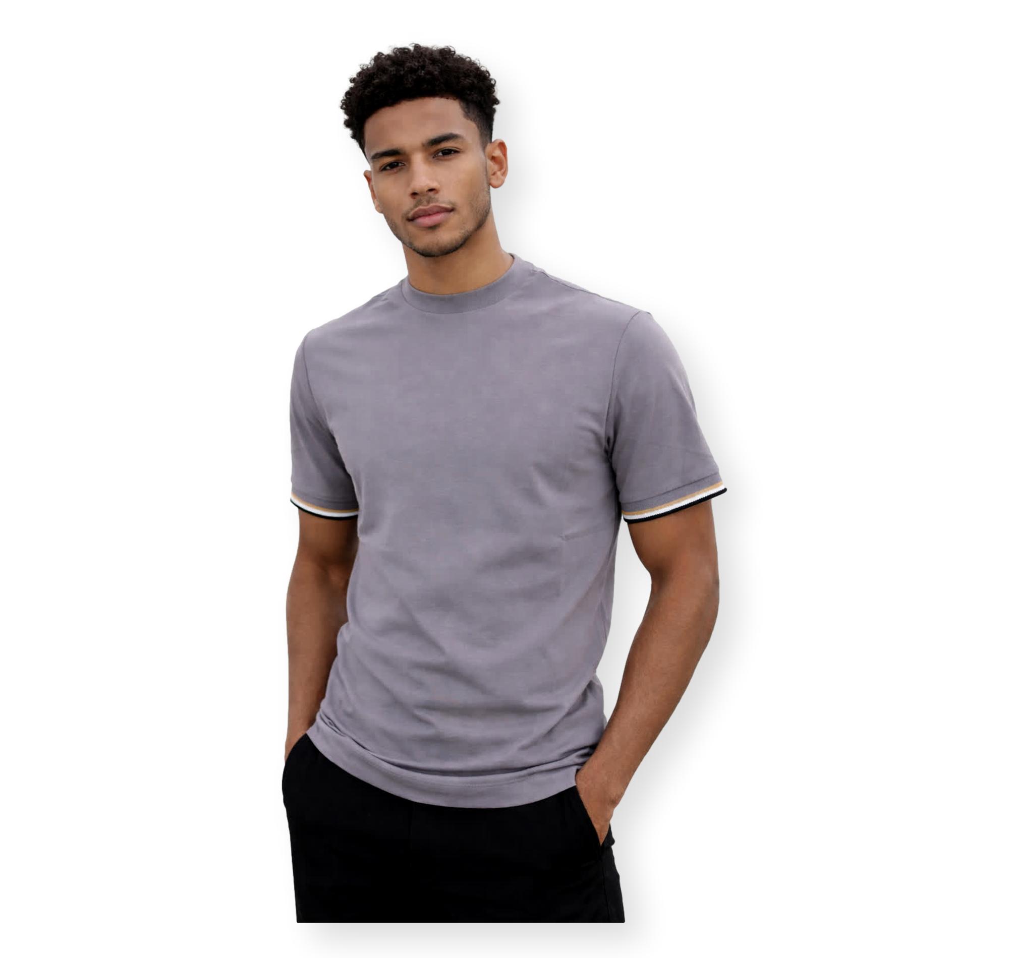 BOSS T Shirt Uomo In Jersey Di Cotone Con Righe Sul Fondo Manica Thompson 04 50501097 Colore Grigio