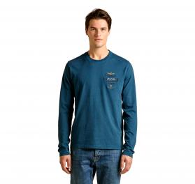 AERONAUTICA MILITARE T Shirt Uomo Manica Lunga In Cotone Tinto Capo e Canvas TS2470UJ00705 Colore Blu Avio