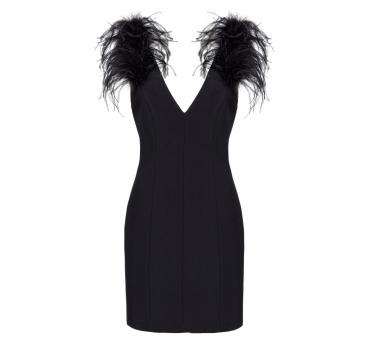 PINKO Abito Donna Pica Corto con Piume Crêpe Stretch Nero E