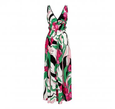 PINKO Abito Donna Nocciolo Lungo Fluido Nero Fucsia Stampa F