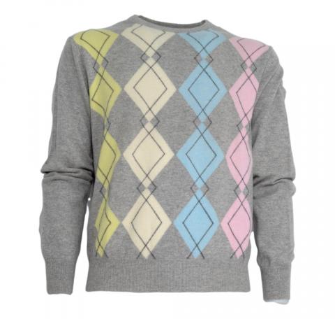 BRAMANTE Pull Girocollo Puro Cashmere 111563 Made in Italy Grigio a Rombi