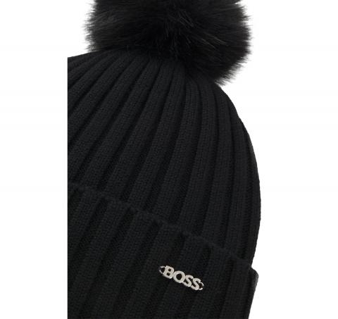 BOSS Berretto Donna Di Lana Vergine Con Pom Pom In Finta Pelliccia Lonie Hat 50545781 Colore Nero