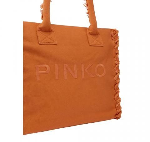 PINKO Borsa Donna Shopper Media Beach In Canvas Con Logo Dettagli Sfrangiati 106673 Colore Arancio A76