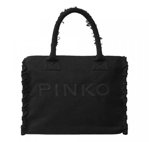 PINKO Borsa Donna Shopper Media Beach In Canvas Con Logo Dettagli Sfrangiati 106673 Colore Nero Z99