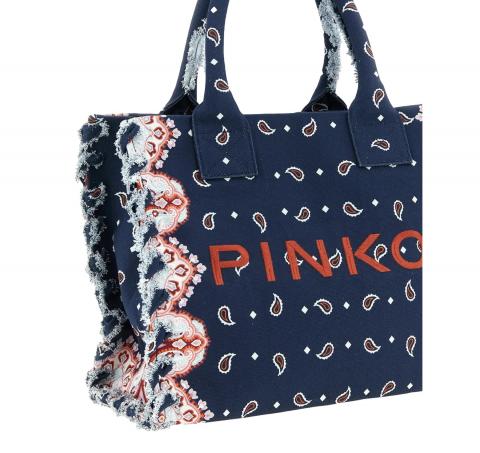 PINKO Borsa Donna Shopper Media Beach In Canvas Con Logo Dettagli Sfrangiati e Stampa Bandana 106673 Colore Blu GA0Q