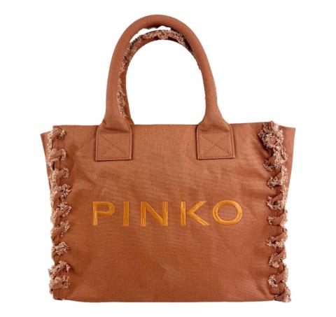 PINKO Borsa Donna Shopper Media Beach In Canvas Con Logo Dettagli Sfrangiati 106673 Colore Terracotta L08