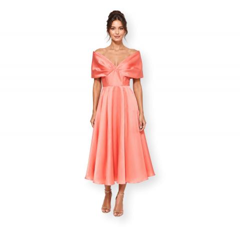CARLA RUIZ Abito Donna Midi Satinato Scollo Bardot Elegante Cerimonia Colore Corallo