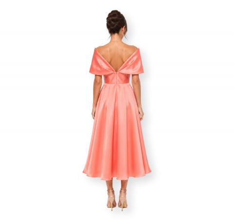 CARLA RUIZ Abito Donna Midi Satinato Scollo Bardot Elegante Cerimonia Colore Corallo