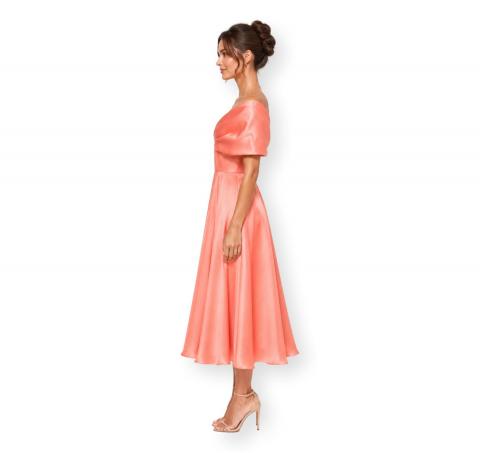 CARLA RUIZ Abito Donna Midi Satinato Scollo Bardot Elegante Cerimonia Colore Corallo