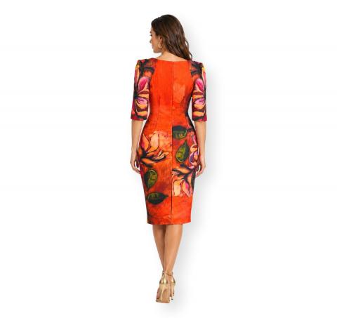CARLA RUIZ Abito Donna Fantasia Floreale Elegante Cerimonia Colore Arancione