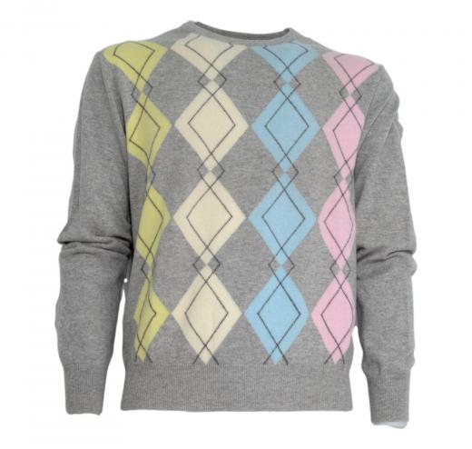 BRAMANTE Pull Girocollo Puro Cashmere 111563 Made in Italy Grigio a Rombi