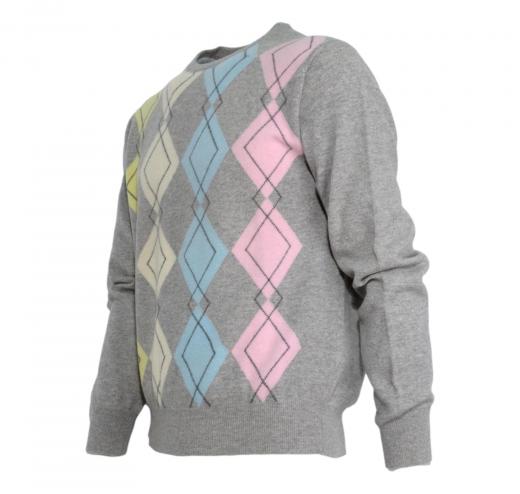 BRAMANTE Pull Girocollo Puro Cashmere 111563 Made in Italy Grigio a Rombi