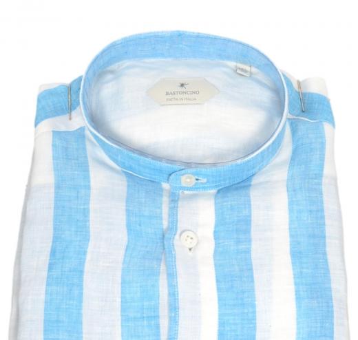 BASTONCINO Camicia Uomo Slim B2478 Puro Lino Coreana Riga Made in Italy