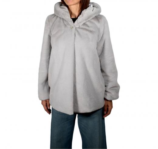 LISA KOTT Giacca In Pelliccia Sintetica Con Cappuccio Linea Curvy Style PL302 Colore Grigio Perla