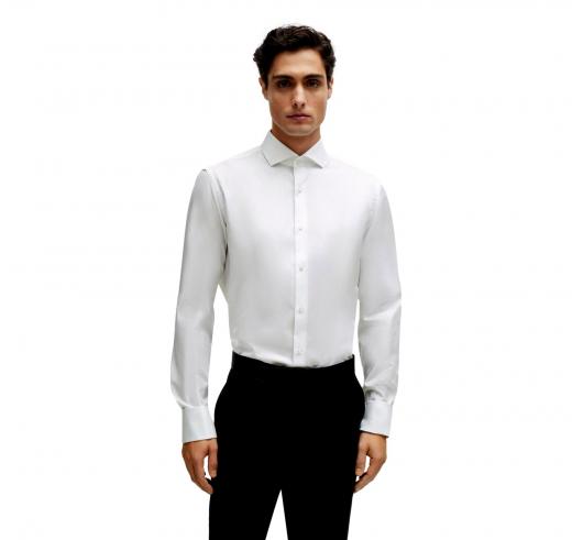 BOSS Elegante Camicia Uomo Polsini Doppi Regular Fit In Twill Di Cotone Elasticizzato 50491977 Colore Bianco