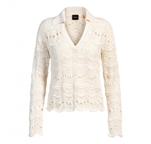 BOSS Maglione Donna In Misto Cotone Con Lavorazione Traforata e Colletto Johnny C Fyder 50537850 Colore Avorio