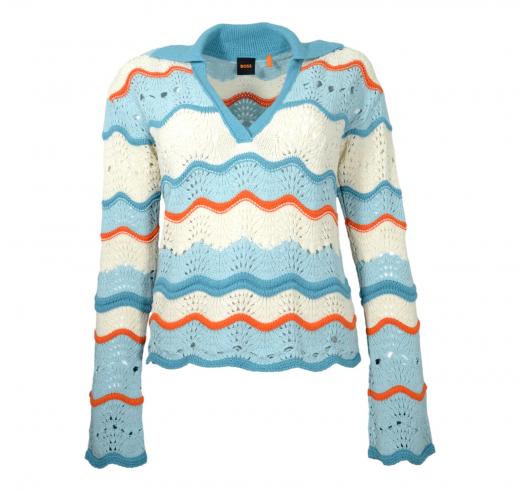 BOSS Maglione Donna In Misto Cotone Con Lavorazione Traforata e Colletto Johnny C Fyder 50537850 Colore Celeste