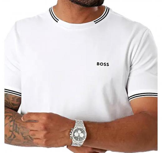 BOSS T-shirt Uomo In Cotone Elasticizzato Con Dettagli A Righe E Logo Taul 50521245 Colore Bianco