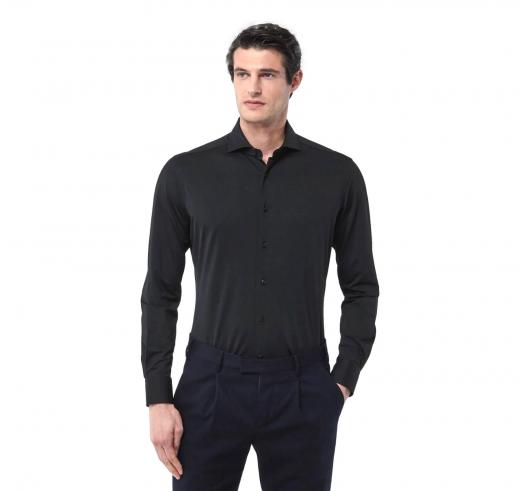 XACUS Camicia Uomo Collo Francese Tinta Unita Twill Nero Tailor Fit Active 11460004 Colore Nero