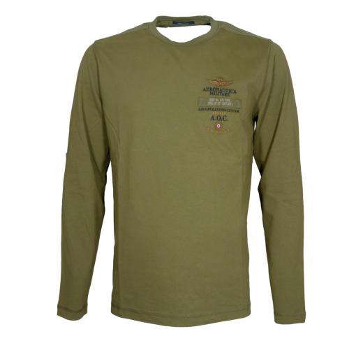 AERONAUTICA MILITARE T Shirt Uomo Manica Lunga In Cotone Tinto Capo e Canvas TS2470UJ00705 Colore Verde Militare