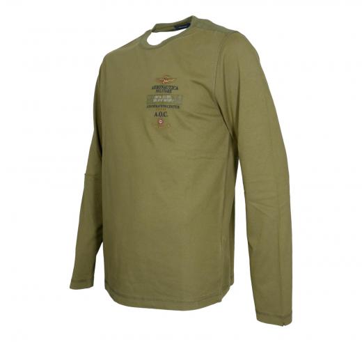 AERONAUTICA MILITARE T Shirt Uomo Manica Lunga In Cotone Tinto Capo e Canvas TS2470UJ00705 Colore Verde Militare
