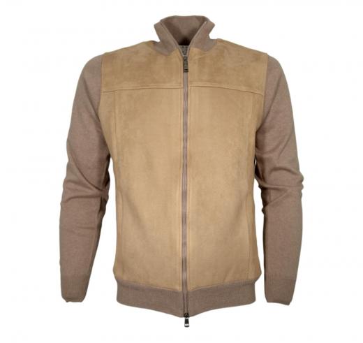 CASHMERE COMPANY Giacca Uomo Full Zip Cotone & Cashmere con Dettagli in Alcantara Beige 115