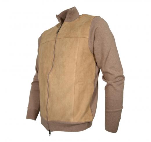 CASHMERE COMPANY Giacca Uomo Full Zip Cotone & Cashmere con Dettagli in Alcantara Beige 115