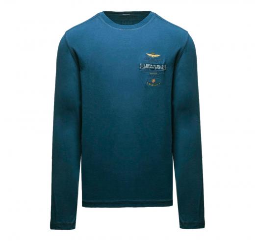 AERONAUTICA MILITARE T Shirt Uomo Manica Lunga In Cotone Tinto Capo e Canvas TS2470UJ00705 Colore Blu Avio