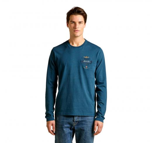 AERONAUTICA MILITARE T Shirt Uomo Manica Lunga In Cotone Tinto Capo e Canvas TS2470UJ00705 Colore Blu Avio
