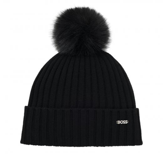 BOSS Berretto Donna Di Lana Vergine Con Pom Pom In Finta Pelliccia Lonie Hat 50545781 Colore Nero