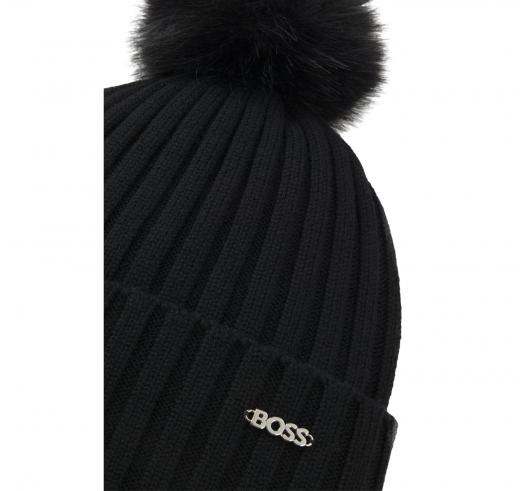 BOSS Berretto Donna Di Lana Vergine Con Pom Pom In Finta Pelliccia Lonie Hat 50545781 Colore Nero