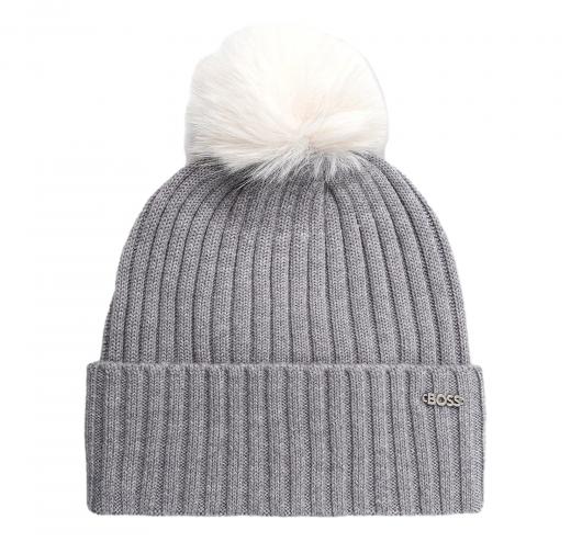 BOSS Berretto Donna In Lana Vergine Con Pompon In Eco Pelliccia Lonie Hat 50545781 Colore Grigio